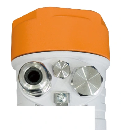 76–81 GHz FMCW radar level transmitter — head detail, representative manufacturer-listing photograph